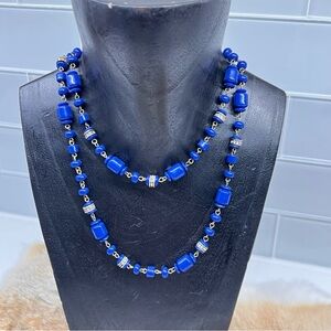 Vintage J.Crew Blue Beaded Necklace Lucite Rhinestone Rondels Gold Tone 34"